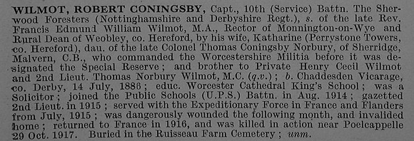 Wilmot R C Captain 10th Notts & Derby Regiment (Sherwood Foresters) Obit De Ruvignys Roll Of Honour Vol 4