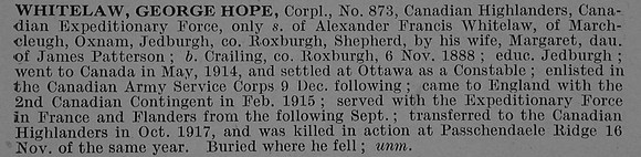 Whitelaw G H Cpl 873 42nd Canadian Infantry (Quebec Regiment) Obit De Ruvignys Roll Of Honour Vol 4