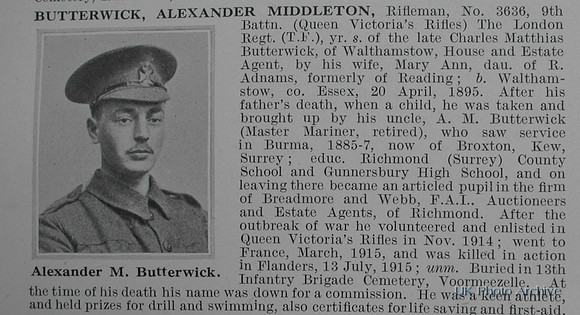 Butterwick A M Rfn 3636 9th London Regiment Obituary De Ruvignys Roll Of Honour Vol 1