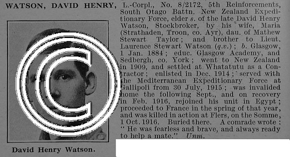 Watson D H LCpl 8/2172 South Otago Btn NZEF Obit De Ruvignys Roll Of Honour Vol 4