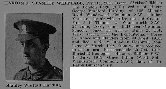 Harding S W Pte 760750 28th London Regiment Obit De Ruvignys Roll Of Honour Vol 5