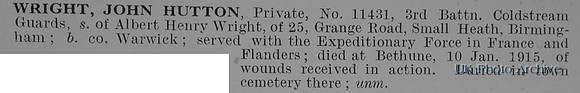 Wright J H Pte 11431 3rd Coldstream Guards Short Obit De Ruvignys Roll Of Honour Vol 1