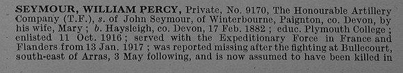 Seymour W P Pte 9170 2nd Honourable Artillery Company Obit Part 1 De Ruvignys Roll Of Honour Vol 4