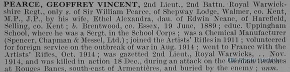 Pearce G V 2nd Lt Royal Warwickshire Regiment Obit De Ruvignys Roll Of Honour Vol 1