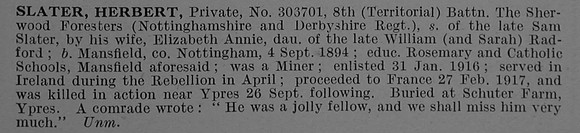 Slater H Pte 303701 8th Notts & Derby Regiment Obit De Ruvignys Roll Of Honour Vol 4
