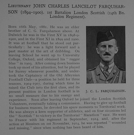 Farquharson J C L Lt 14th London Regiment (London Scottish) Obit Dulwich College Roll Of Honour