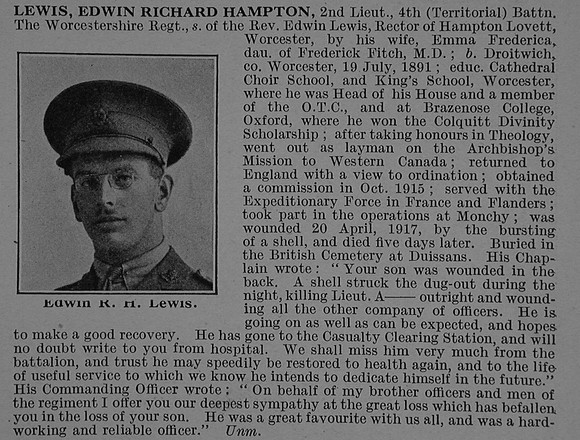 Lewis E R H 2nd Lt 4th Worcestershire Regiment Obit De Ruvignys Roll Of Honour Vol 4
