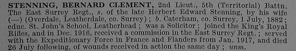 Stenning B C 2nd Lt 5th East Surrey Regiment Short Obit De Ruvignys Roll Of Honour Vol 4
