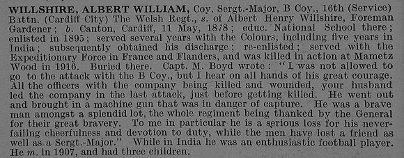 Willshire A W Coy Sergt Major 23291 16th Welsh Regiment Obit De Ruvignys Roll Of Honour Vol 4