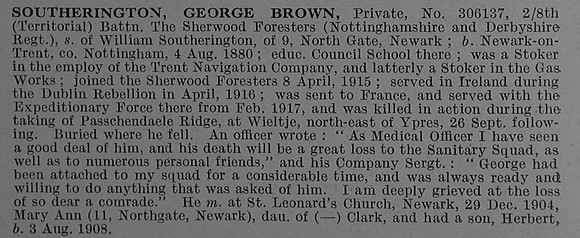 Southerington G B Pte 306137 8th Sherwood Foresters (Notts and Derby Regiment) Obit De Ruvignys Roll Of Honour Vol 4
