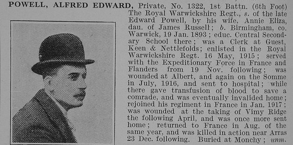 Powell A E Pte Royal Warwickshire Regiment Obit De Ruvignys Roll Of Honour Vol 4