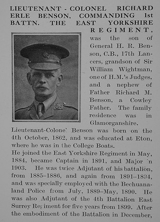 Benson R E Lt Col 1st East Yorkshire Regiment Obit Part 1 The Bond Of Sacrfice Vol 1