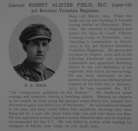 Field R A Captain MC 2nd Yorkshire Regiment Obit Dulwich College Roll Of Honour