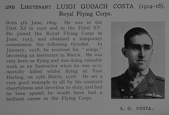 Costa L G 2nd Lt RFC Obit Dulwich College Roll Of Honour