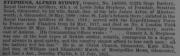 Stephens A S Gnr 146030 Royal Garrison Artillery Obit De Ruvignys Roll Of Honour Vol 4