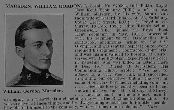 Marsden W G LCpl 270592 10th East Kent Yeomanry Obit De Ruvignys Roll Of Honour Vol 5