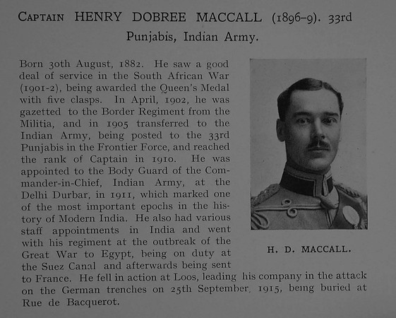 MacCall H D Captain Indian Army Obit Dulwich College Roll Of Honour