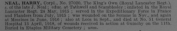 Neal H Cpl 27020 4th King's Own (Royal Lancaster Regiment) Obit De Ruvignys Roll Of Honour Vol 4