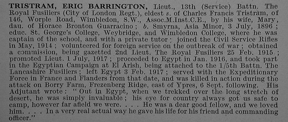 Tristram E B Lt 13th Royal Fusiliers Obit De Ruvignys Roll Of Honour Vol 4