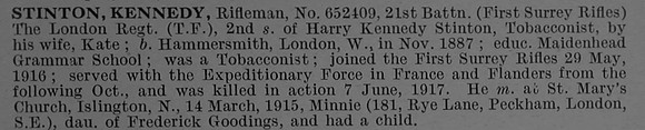 Stinton K Rfn 652409 21st London Regiment Obit De Ruvignys Roll Of Honour Vol 4