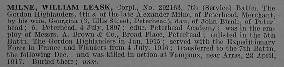 Milne W L Cpl 292163 7th Gordon Highlanders Obit De Ruvignys Roll Of Honour Vol 4