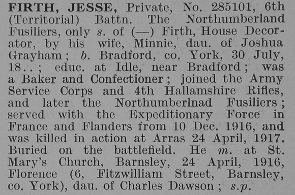Firth J Pte 6th Northumberland Fusiliers Obit De Ruvignys Roll Of Honour Vol 3