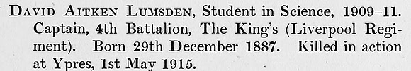 Lumsden D A Captain 4th Kings Liverpool Regiment Obit St Andrews University Roll Of Honour