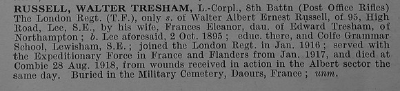 Russell W T LCpl 372433 8th London Regiment Obit De Ruvignys Roll Of Honour Vol 4
