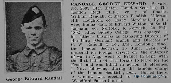 Randall G E Pte 2093 14th London Regiment Obit De Ruvignys Roll Of Honour Vol 1