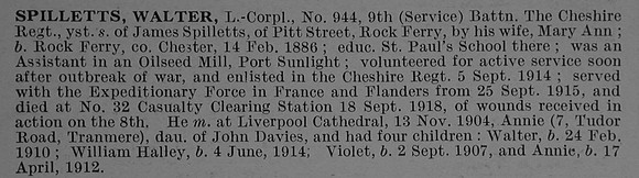 Spilletts W L/Cpl 944 9th Cheshire Regiment Obit De Ruvignys Roll Of Honour Vol 4