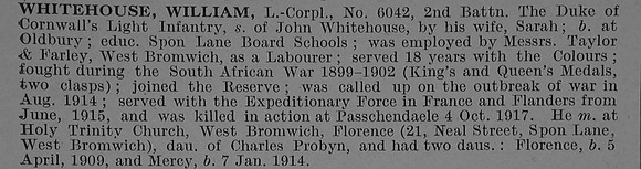 Whitehouse W LCpl 6042 2nd Duke Of Cornwalls Light Infantry Obit De Ruvignys Roll Of Honour Vol 4