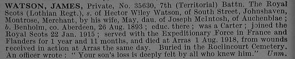 Watson J Pte 35630 7th Royal Scots Obit De Ruvignys Roll Of Honour Vol 4