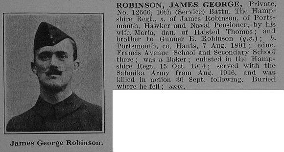 Robinson J G Pte 12666 10th Hampshire Regiment Obit De Ruvignys Roll Of Honour Vol 3