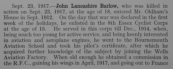 Barlow J L 2nd Lt Royal Flying Corps Obit Part 1 Shrewsbury School Roll Of Service