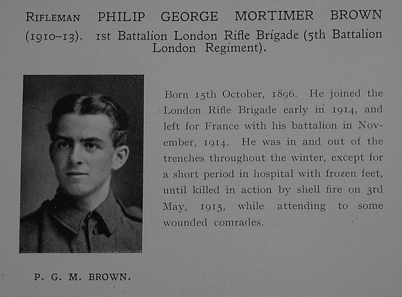 Brown P G M Rfn 5th London Regiment Obit Dulwich College Roll Of Honour