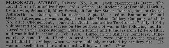 McDonald A Pte 2100 5th Loyal North Lancs Regiment Obit De Ruvignys Roll Of Honour Vol 4
