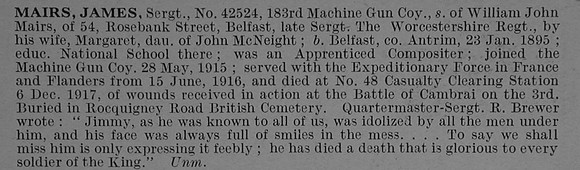 Mairs J Sergt 42524 Machine Gun Corps Obit De Ruvignys Roll Of Honour Vol 4