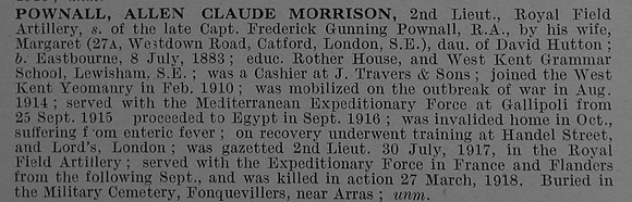 Pownall A C M 2nd Lt Royal Field Artillery Obit De Ruvignys Roll Of Honour Vol 4