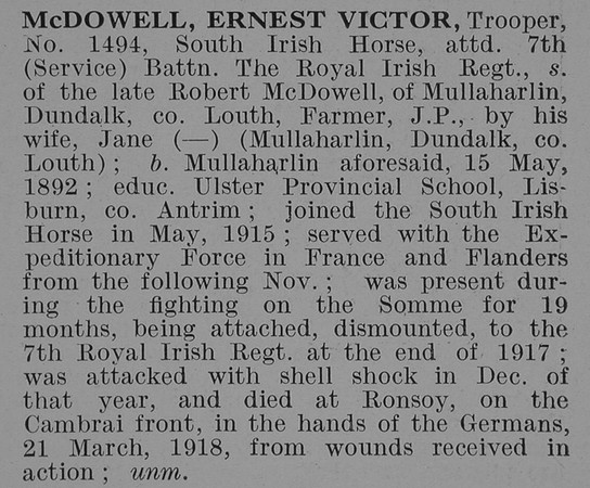 McDowell E V Tpr South Irish Horse Obit De Ruvignys Roll Of Honour Vol 5