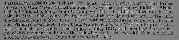 Phillips G Pte 40433 12th West Yorkshire Regiment Obit De Ruvignys Roll Of Honour Vol 4