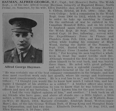 Hayman A G Captain MC 3rd Attd 2nd Welsh Regiment Obit De Ruvignys Roll Of Honour Vol 3