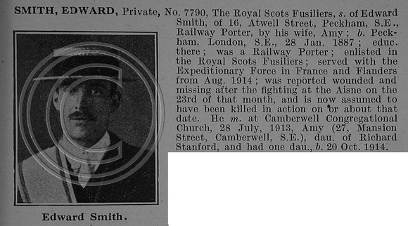 Smith E Pte 7790 1st Royal Scots Fusiliers Obit De Ruvignys Roll Of Honour Vol 4