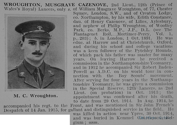Wroughton M C 2nd Lt 12h Lancers Obit De Ruvignys Roll Of Honour Vol 1