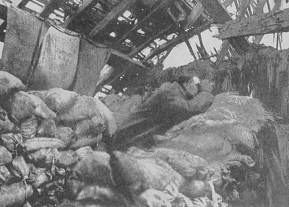 A British Scout On The Lookout  From The Loft Of A Wrecked Farmhouse