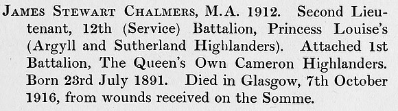 Chalmers J S 2nd Lt 12th Argyll And Sutherland Highlanders Obit