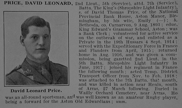 Price D L 2nd Lt 5th Attd 7th Kings Shropshire Light Infantry Obit De Ruvignys Roll Of Honour Vol 5