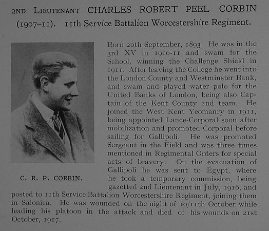 Corbin C R P 2nd Lt 11th Worcestershire Regiment Obit Dulwich College Roll Of Honour