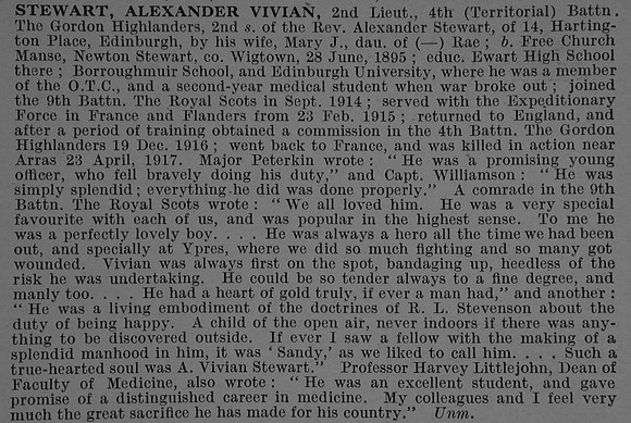 Stewart A V 2nd Lt 4th Gordon Highlanders Obit De Ruvignys Roll Of Honour Vol 4