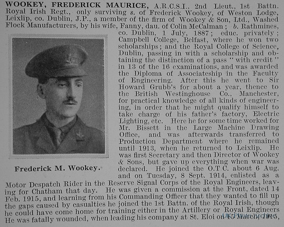 Wookey F M 2nd Lt 1st Royal Irish Regiment Obit Part 1 De Ruvignys RollOf Honour Vol 1