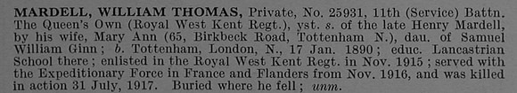 Mardell W T Pte 25931 11th Queens Own Royal West Kent Regiment Obit De Ruvignys Roll Of Honour Vol 4